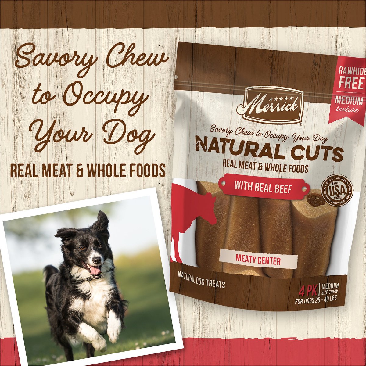 Merrick Natural Cuts Medium Real Beef Flavor Rawhide Free Dog Treats， 4 count