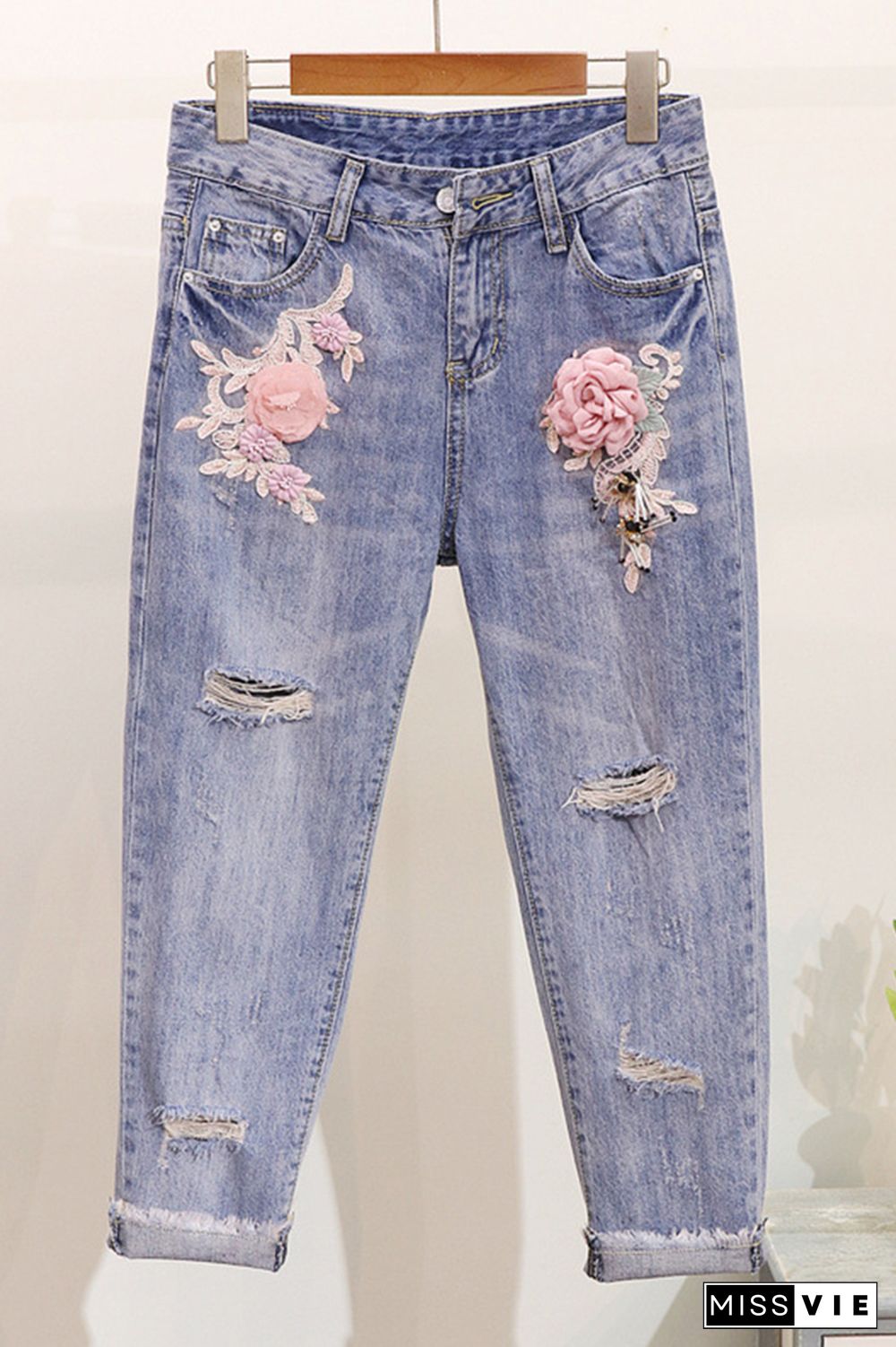 Floral Embroidery Ripped Jeans Wholesale