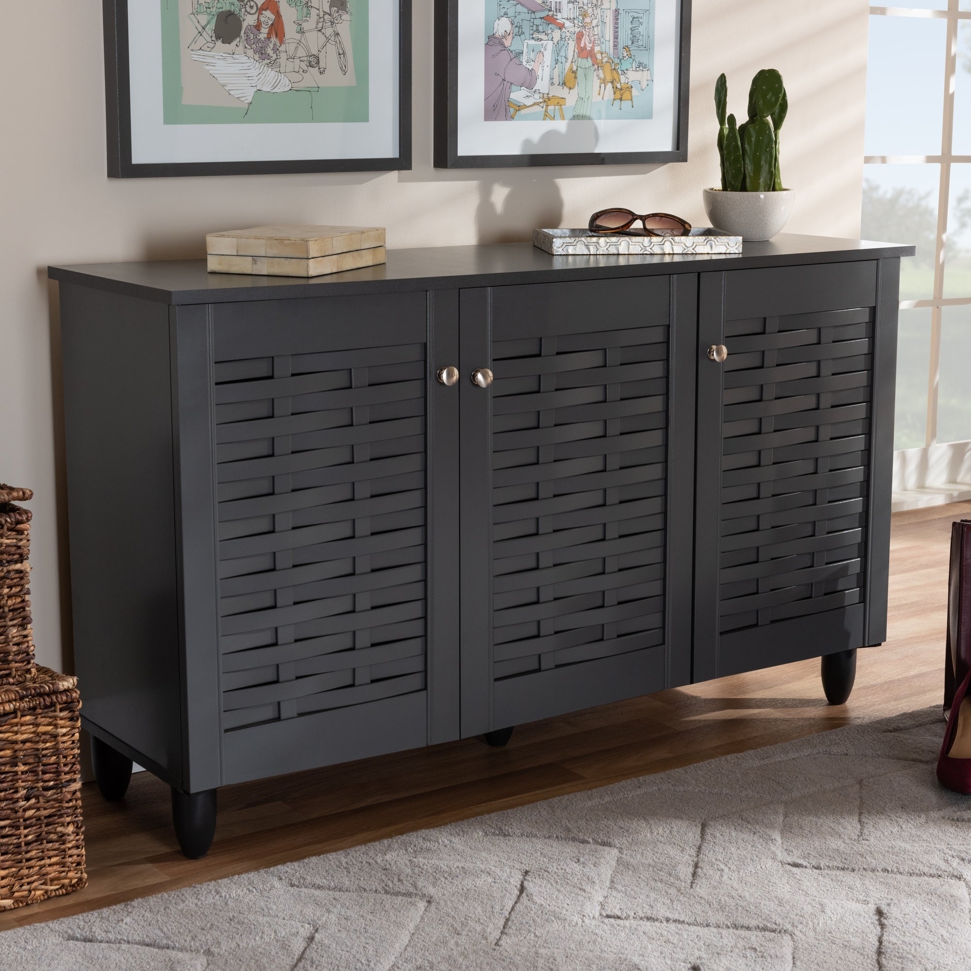 Contemporary Dark Grey 12-pair Shoe Storage Cabinet - - 26396257