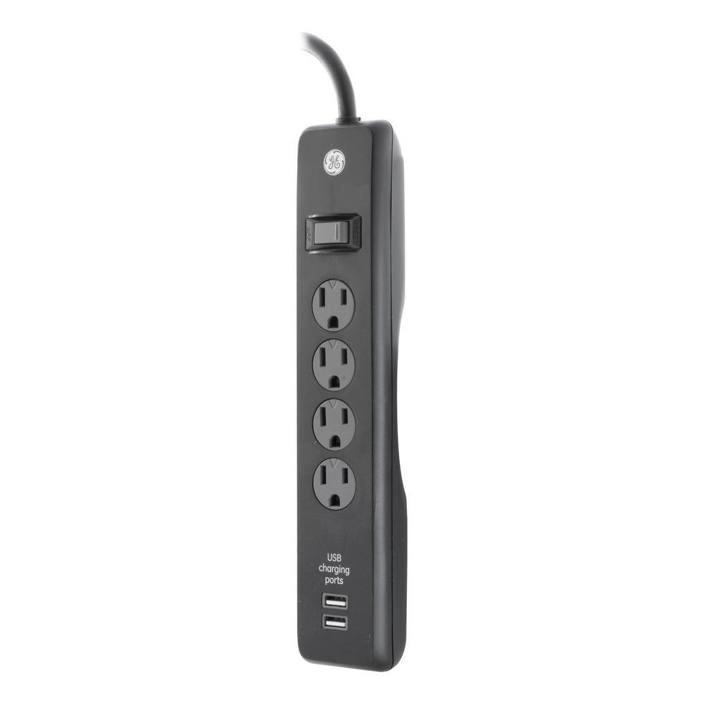 GE 3 ft. 4-Outlet and 2-USB Port 1.0 Amp 450 Joules Surge Protector Black 13478