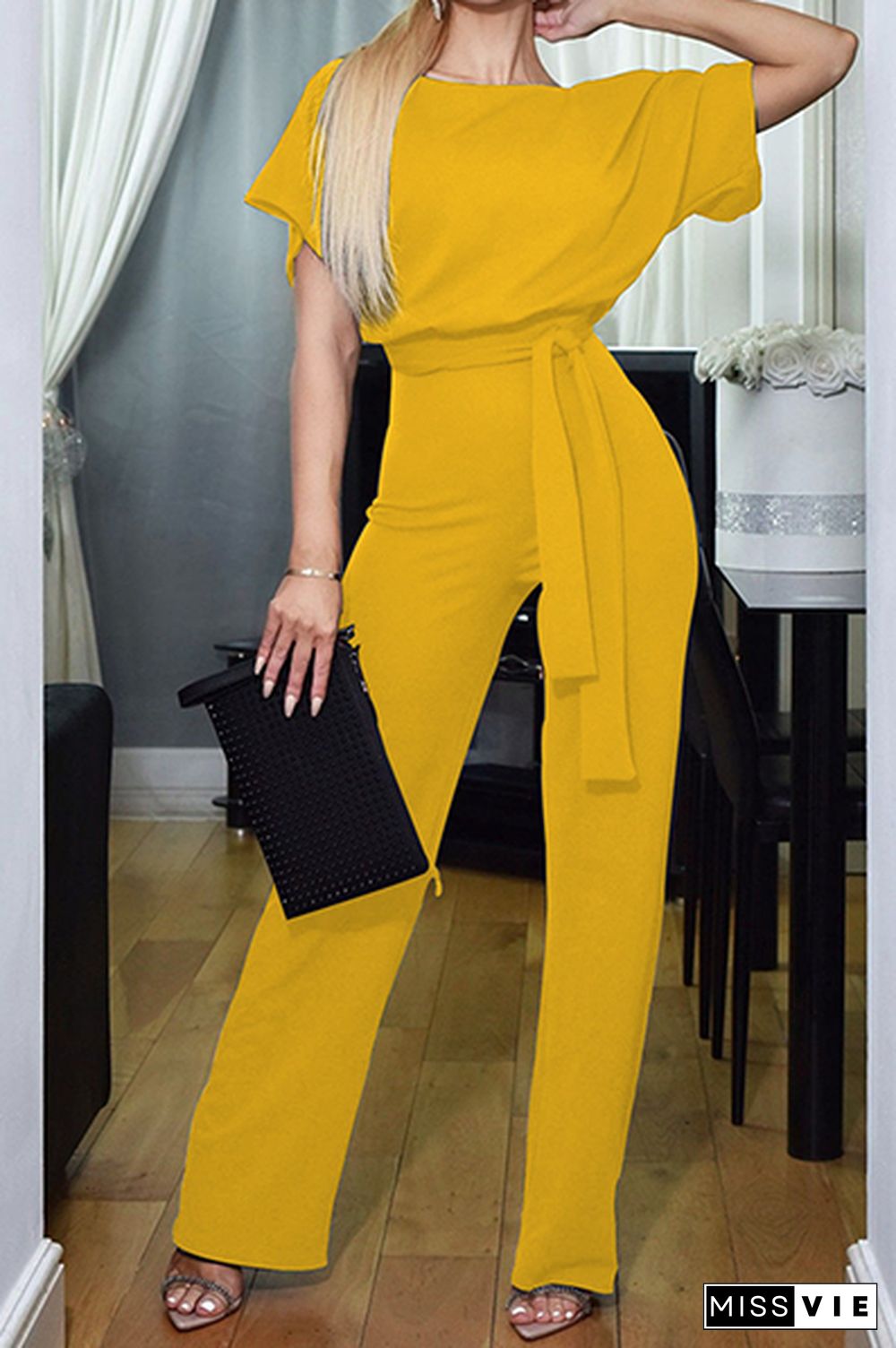 Casual Elegant Solid Patchwork Strap Design O Neck Straight Jumpsuits