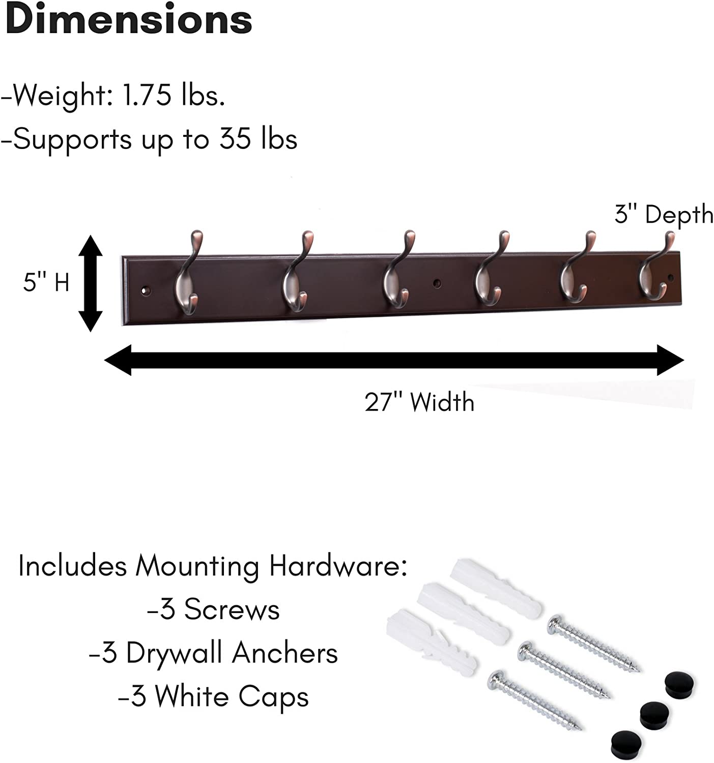 BirdRock Home Hook Coat and Hat Rack - 6 Hooks - 27 Inches - Wall Mount - Decorative Home Storage - Entryway Foyer Hallway Bathroom Bedroom Rail - Oil Rubbed Bronze Hooks - Dark Brown