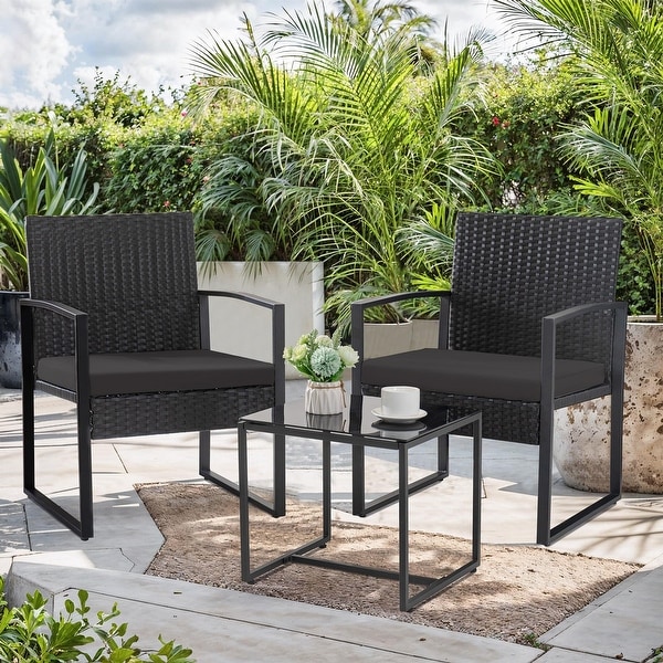 3 Piece Patio Bistro Set Outdoor Furniture Set with Glass Table，Rattan Conversation Sets for Porch Garden Balcony