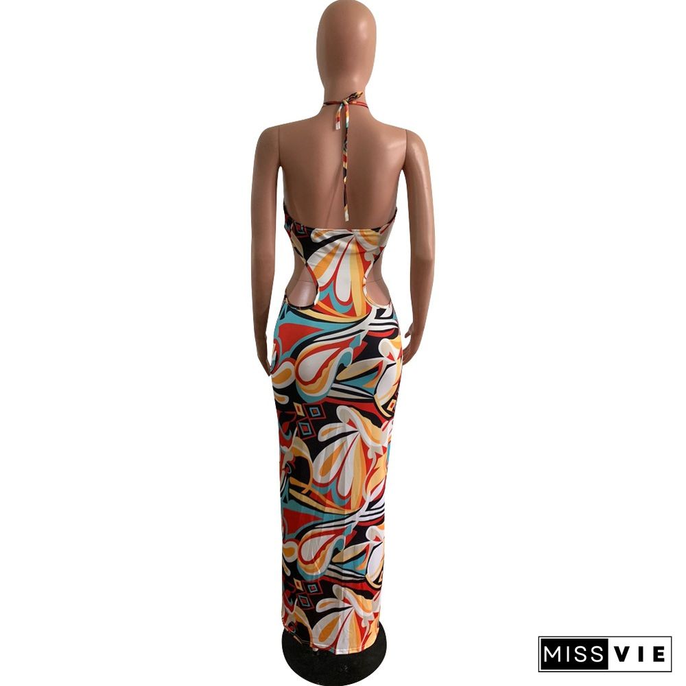 Fashion Print Sleeveless Halter Hollow Out High Waist Strechy Bodycon Maxi Floor Length Nightclub Women Dresses