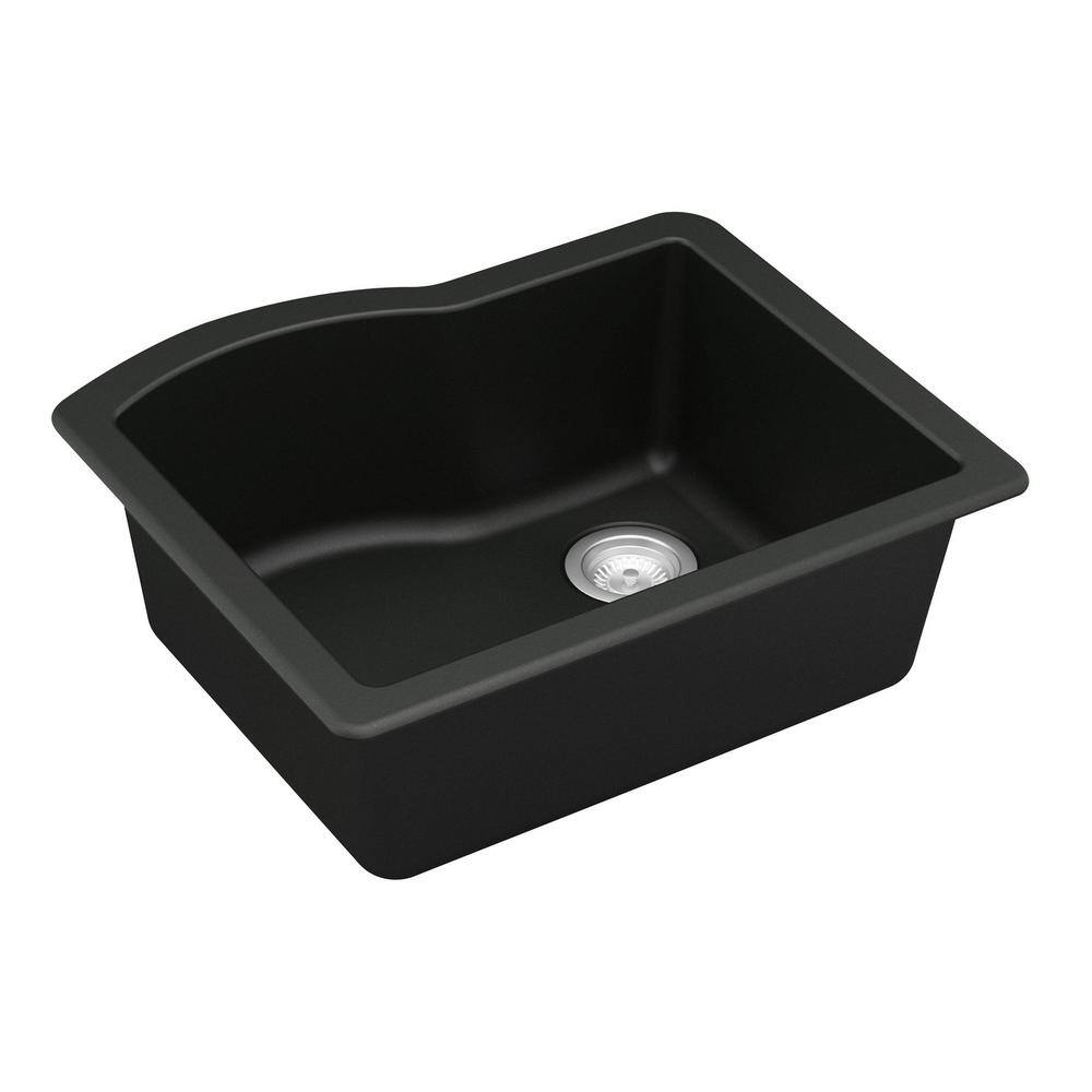 Karran QU-671 QuartzGranite 24 in. Single Bowl Undermount Kitchen Sink in Black with Bottom Grid and Strainer QU-671-BL-PK1