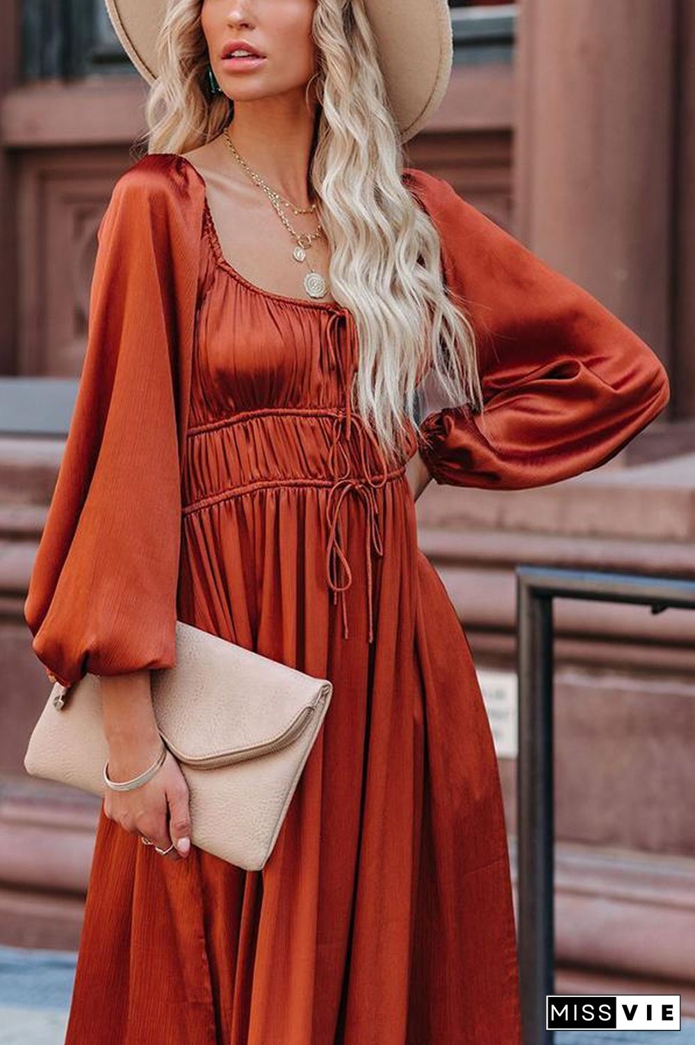 Satin Pocket Drawstring Long Sleeve Midi Dress