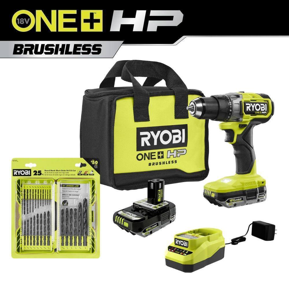 RYOBI ONE+ HP 18V Brushless Cordless 12 in. DrillDriver Kit w (2) Batteries Charger  25-Piece Black Oxide Drill Bit Set PBLDD01K-A972501