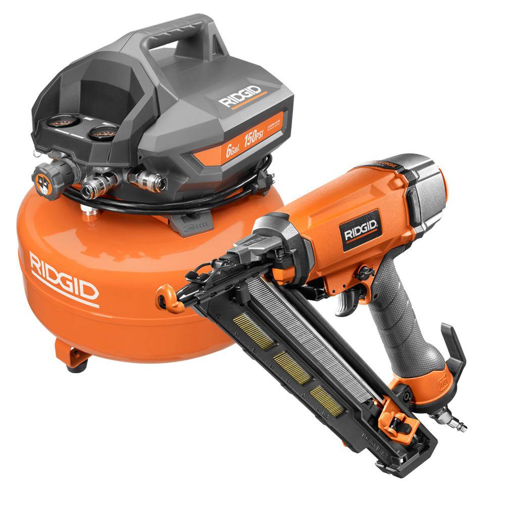 RIDGID 6 Gal. Electric Pancake Air Compressor With 15-Gauge 2-12 in. Angled Finish Nailer OF60150HB-R250AFF