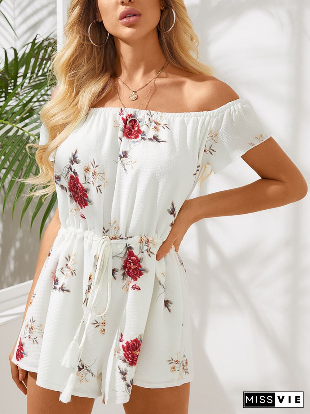 Floral Print Off-shoulder Drawstring Short Sleeve Casual Romper for Women