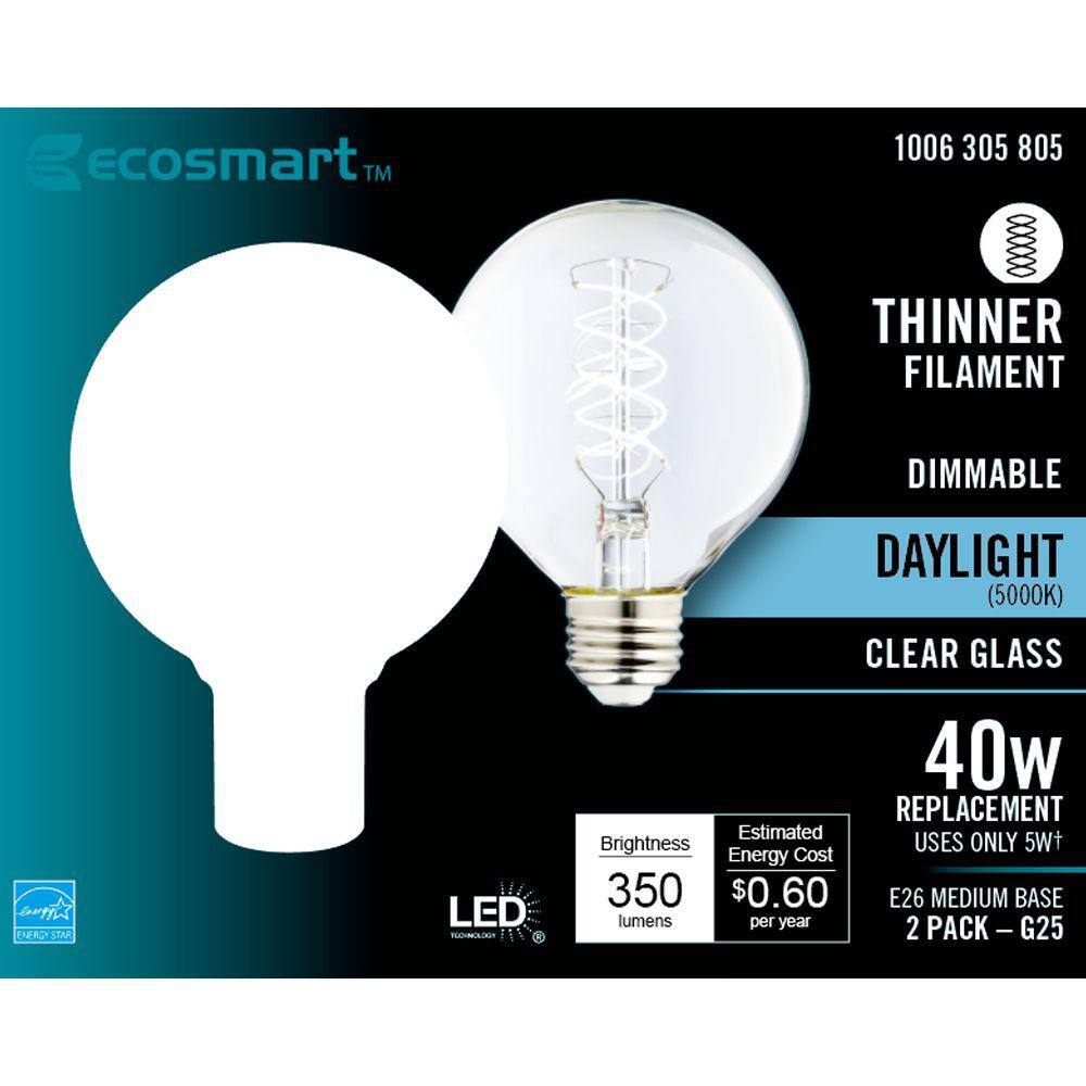 EcoSmart 40-Watt Equivalent G25 Dimmable Fine Bendy Filament LED Vintage Edison Light Bulb Daylight (2-Pack) G25C5E26850S