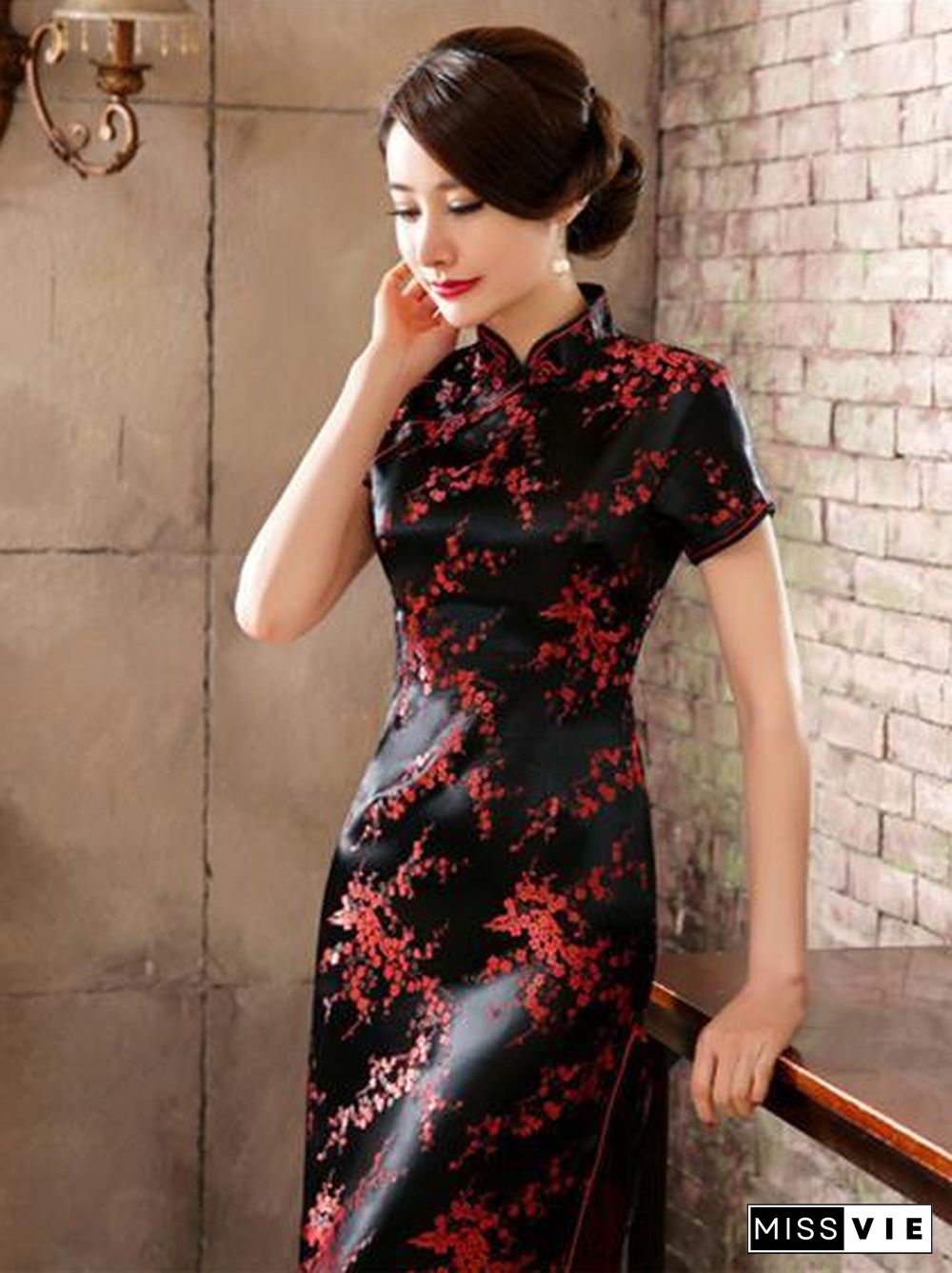 Black Red-flower Print Split-side Long Cheongsam