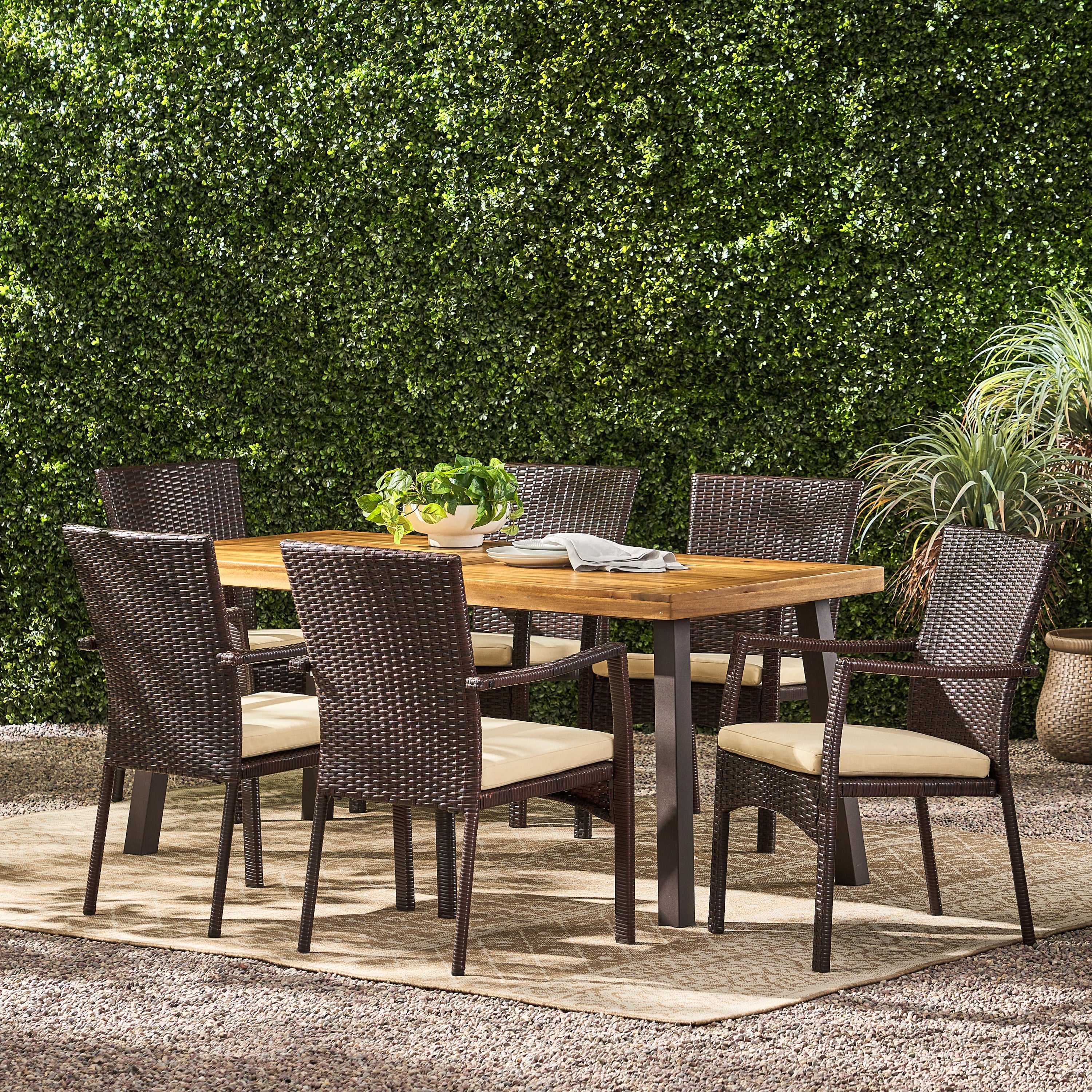 Castlelake 7 Piece Outdoor Dining Set (Wood Table w/ Wicker Chairs)