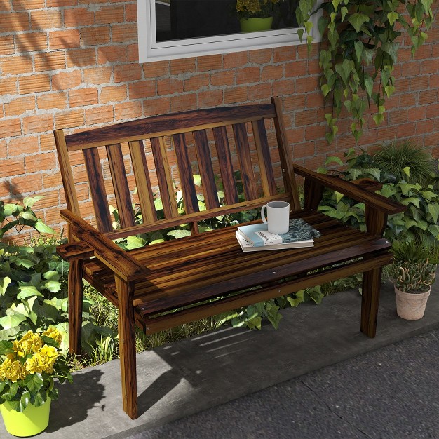 Outsunny Wood Outdoor Bench 2 person Garden Bench With Cupholder Armrests Slatted Seat And Backrest Park Bench For Patio Porch Lawn Carbonized