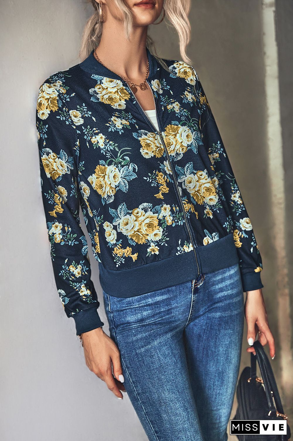 Front Open Zipper Floral Print Jackets