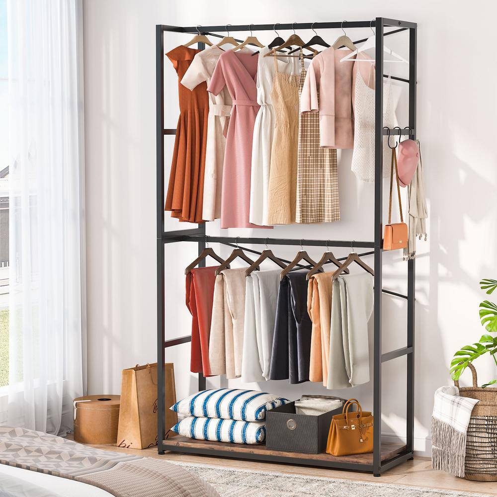 BYBLIGHT 78 in. Brown Free-standing Industrial Clothes Rack Freestanding Closet Organizer Storage with Double Rods BB-U028GX1