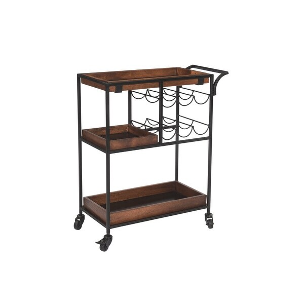 30 Inch Handcrafted Mango Wood Bar Serving Cart with Caster Wheels， 6 Bottle Holders， Tray Shelves，