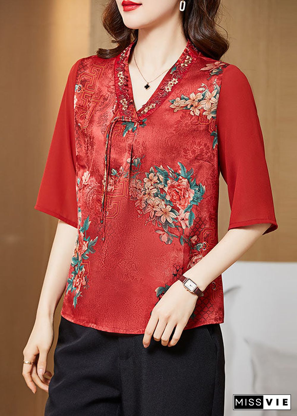 Vintage Red V Neck Embroideried Patchwork Silk Blouse Top Half Sleeve