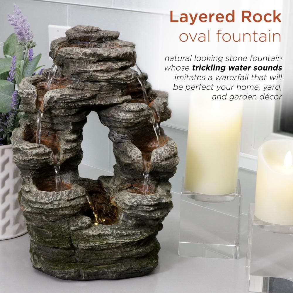 Alpine Corporation 14 in. Tall Indoor Stone Look Oval Shaped Waterfall Tabletop Fountain WIN1136