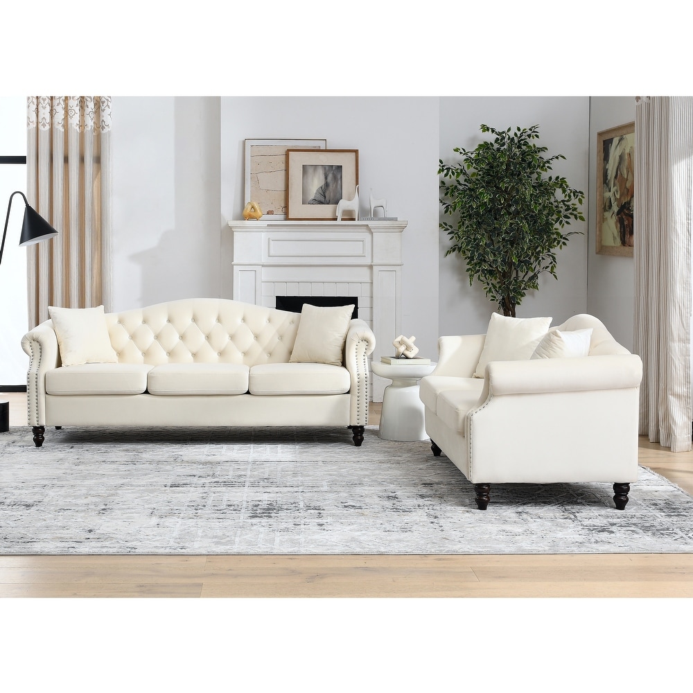 Beige Velvet Nailhead Trim Sofa Set  3 Seater + Loveseat