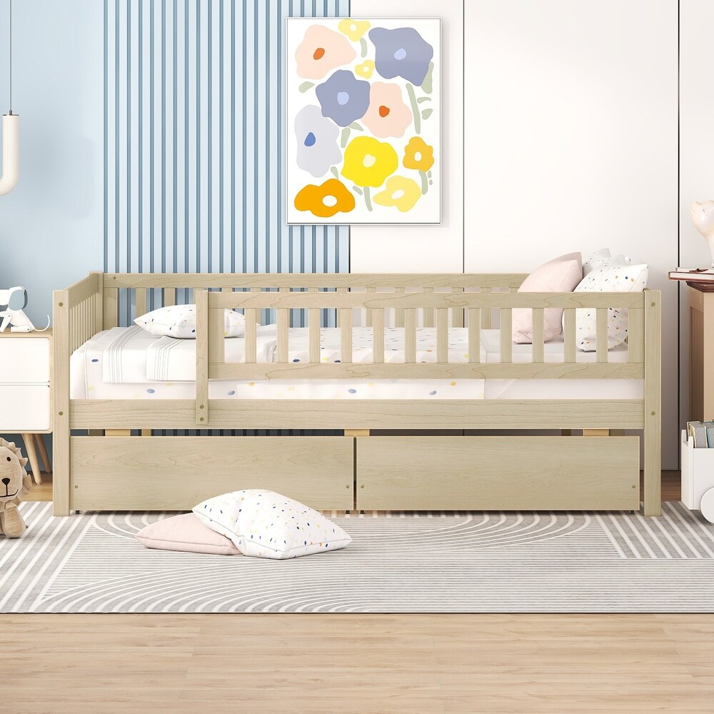 Full Size Daybed Platform Bed Wood Sofa Bed with 2 Storage Drawers and Safey Rail for Kids Bedroom