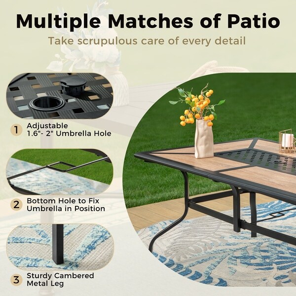 MAISON ARTS Patio Dining Set 7Piece Metal Woodlook Geometric Rectangle Table and 6 Textilene Chairs