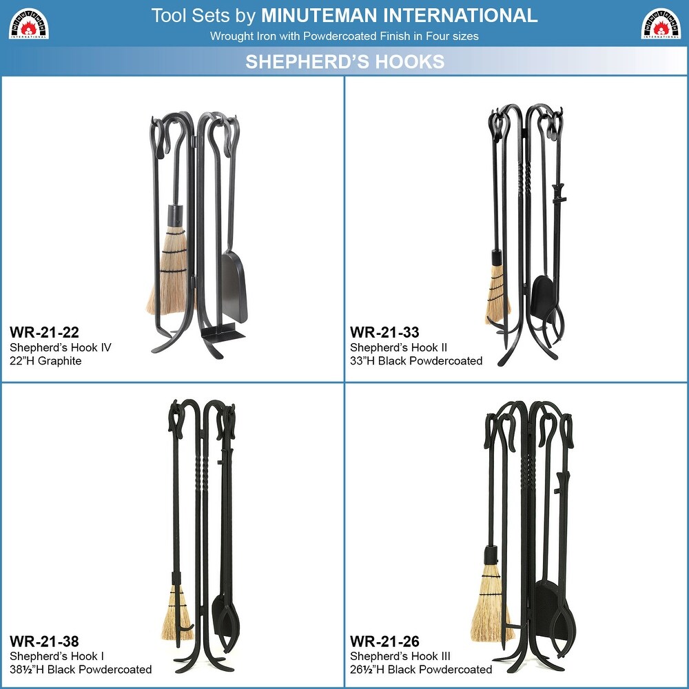 Minuteman International Shepherd's Hook II Mini Fireplace Set of 4 Tools  38.5 Inch Tall  Black