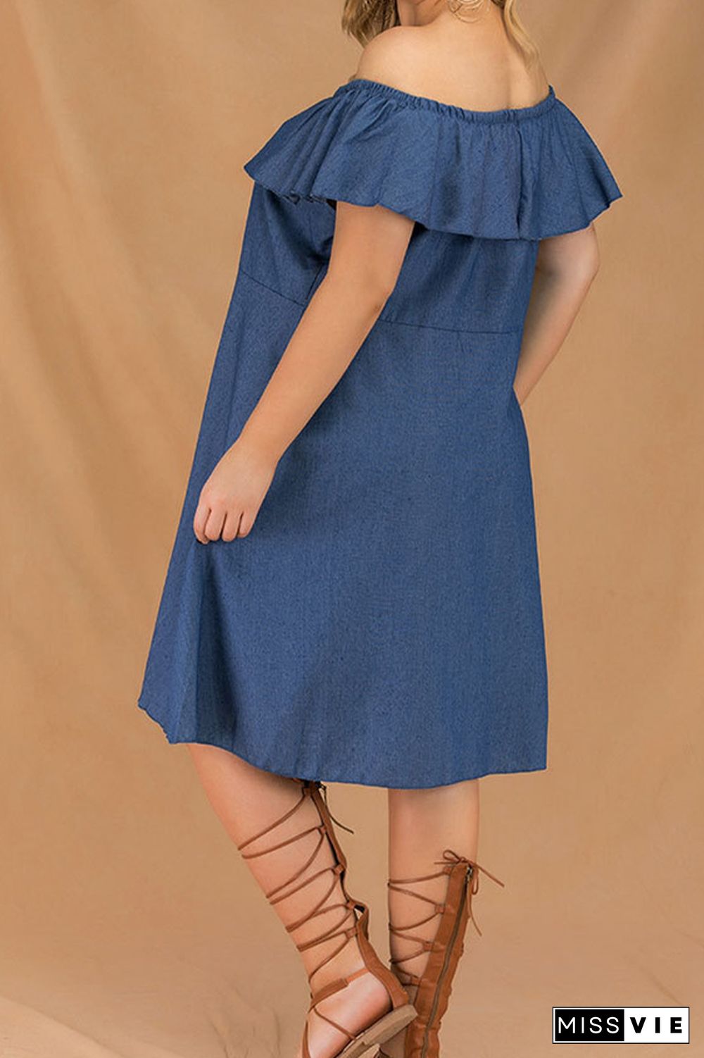 Off Shoulder Button Down Ruffle Denim Plus Size Dress Wholesale