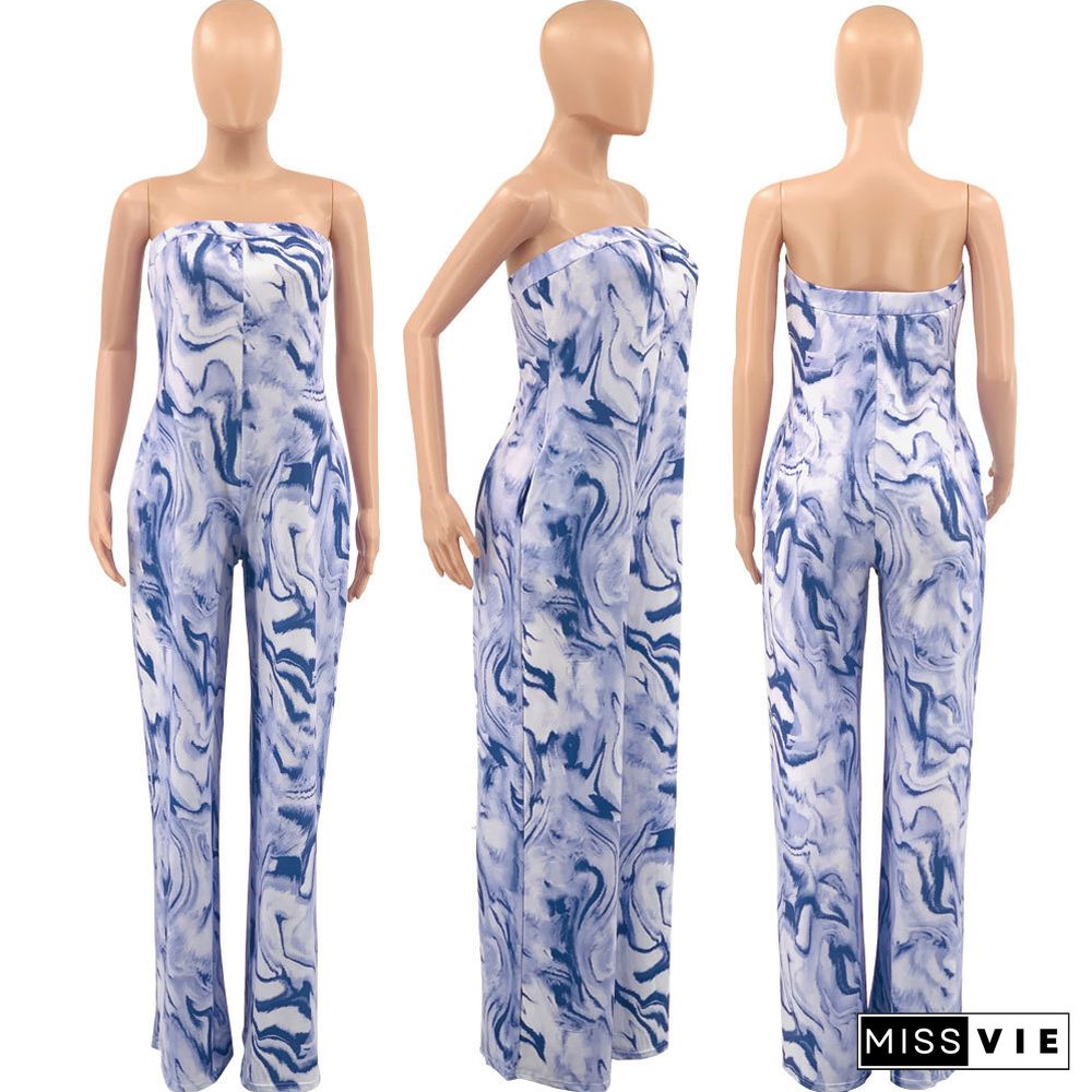 Tie Dye Print Strapless Loose Wide Leg Jumpsuit