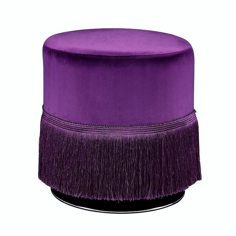 Fabric Upholstered Round Ottoman with Fringes and Metal Base， Purple