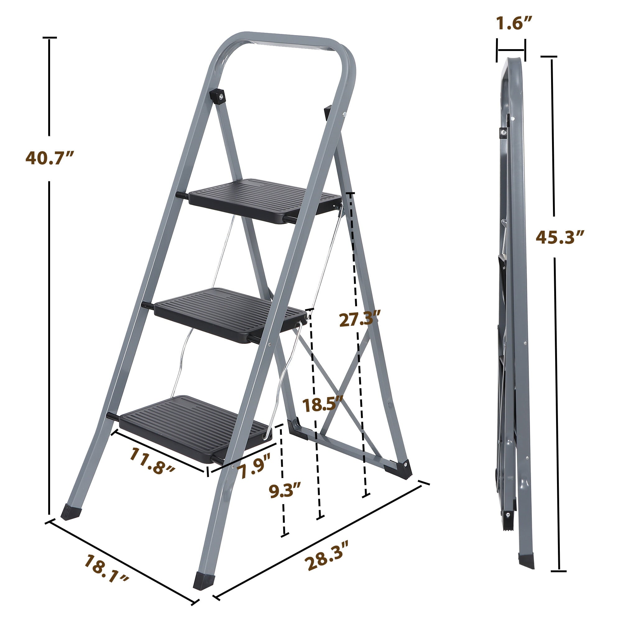 HomGarden Folding 3-Step Ladder, Steel Step Stool with Handgrip, Wide Pedal Non-Slip Max 300 lbs Black