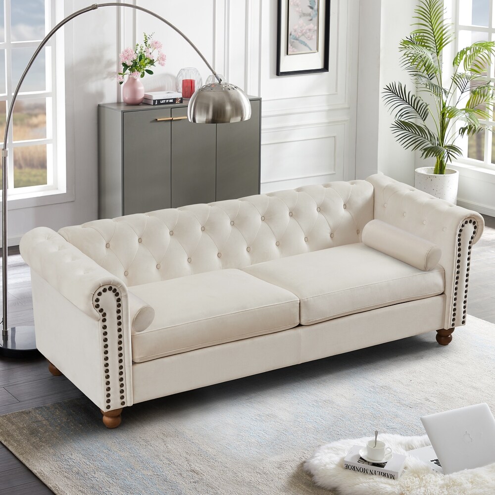 Modern Tufted Fabric Sofa Velvet Upholstered Couch High Tech Fabric for Living Room Sofa with Nailheads Arms and Wood Legs