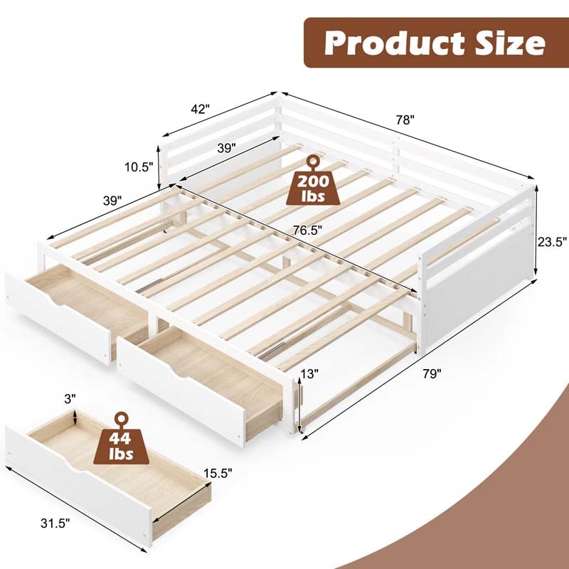 Extendable Twin to King Daybed with Trundle & 2 Storage Drawers, Dual-use Modern Sofa Bed with Roll Out Bed Frame