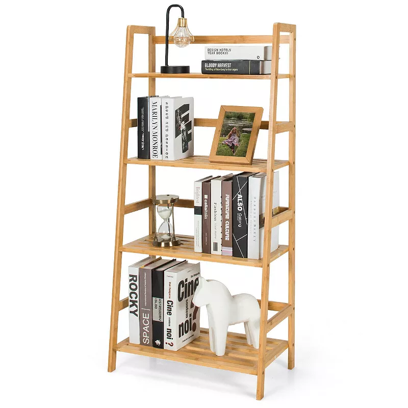 4-Tier Wicker Bookshelf Ladder Shelf Plant Stand Rack-Natural