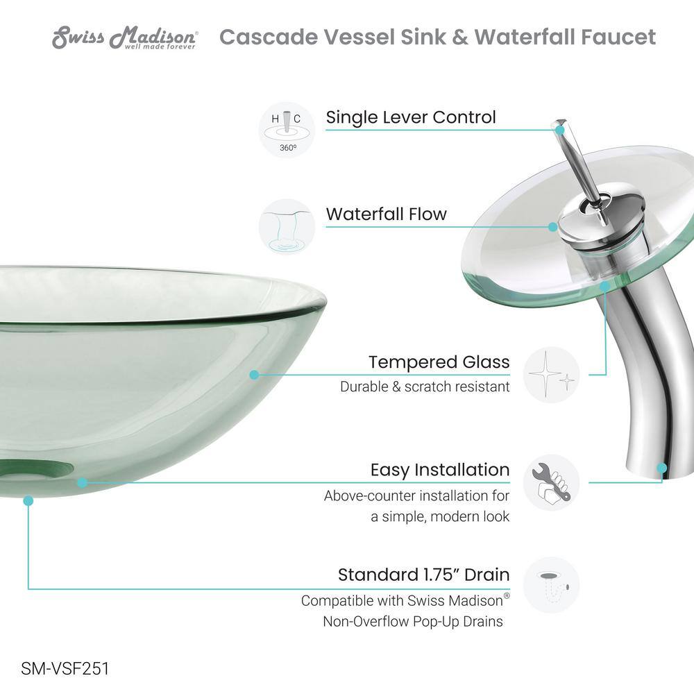 Swiss Madison Cascade Clear Round Glass Vessel Sink with Cascade Faucet SM-VSF251