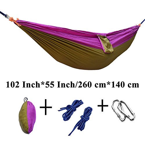 Portable Camping Nylon Fabric Outdoor Travel Parachute Hammock, Purple+Camel Double