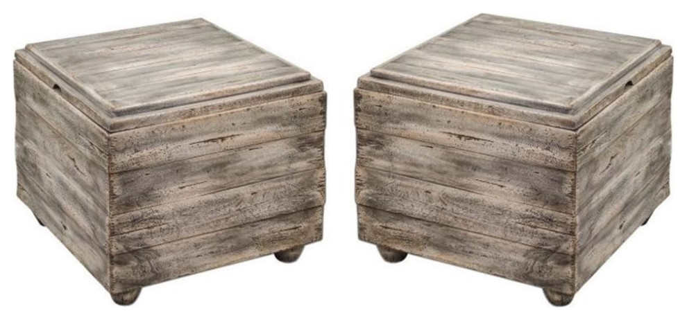 Home Square Wooden Cube Table in Waxed Driftwood Finish   Set of 2   Farmhouse   Side Tables And End Tables   by Homesquare  Houzz