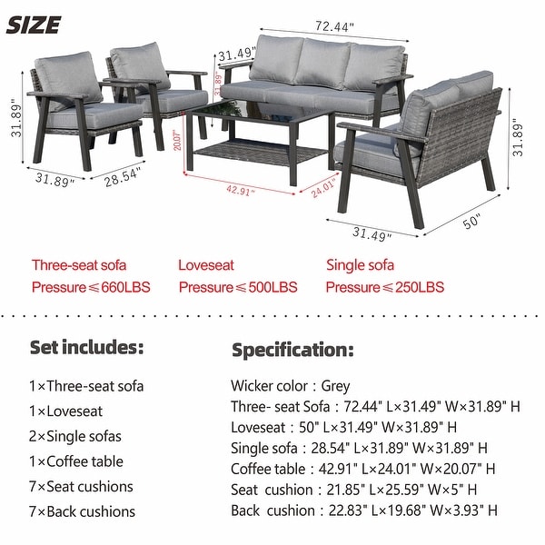 OVIOS 5piece Outdoor Steel Frame Ottoman Wicker Solid Pattern Cushion Sectional Set Glass Top Table