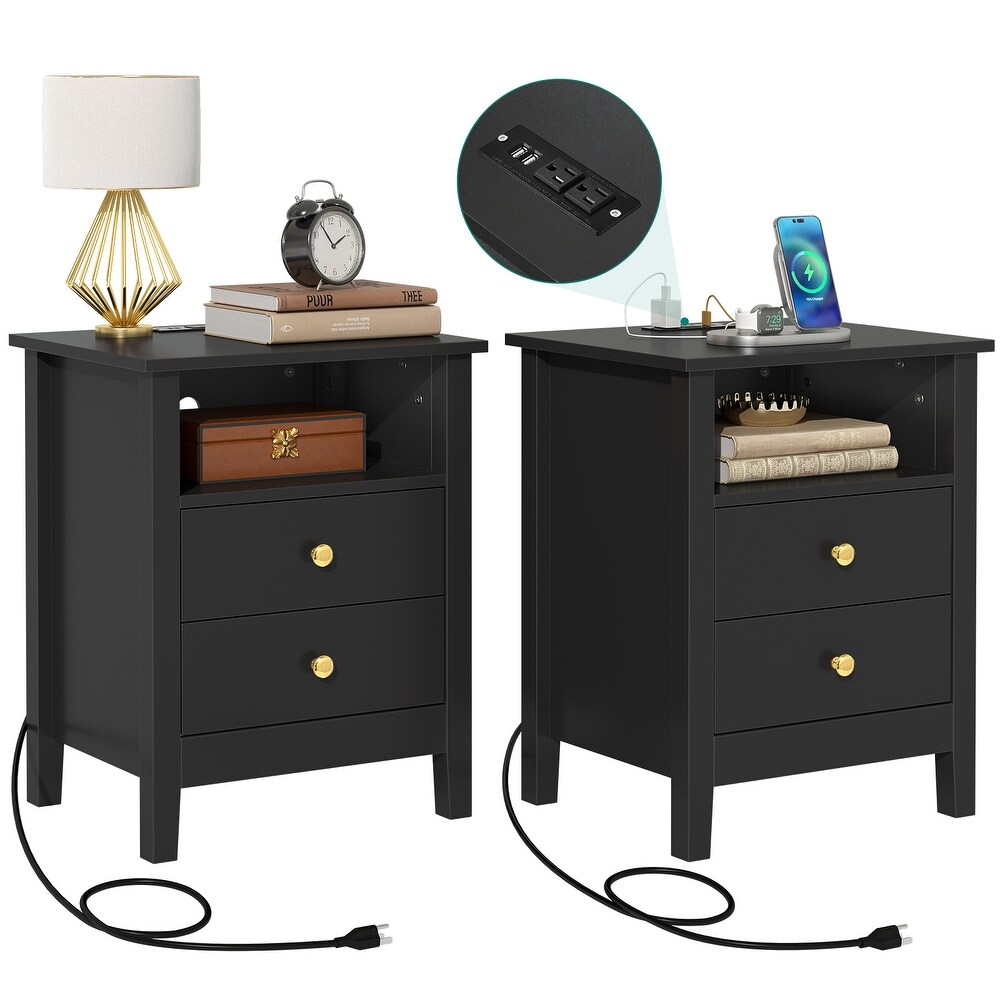 Nightstand Set of 2 with Charging Station End Side Table with 2 Drawers with USB Ports and Outlets Bedside Bed