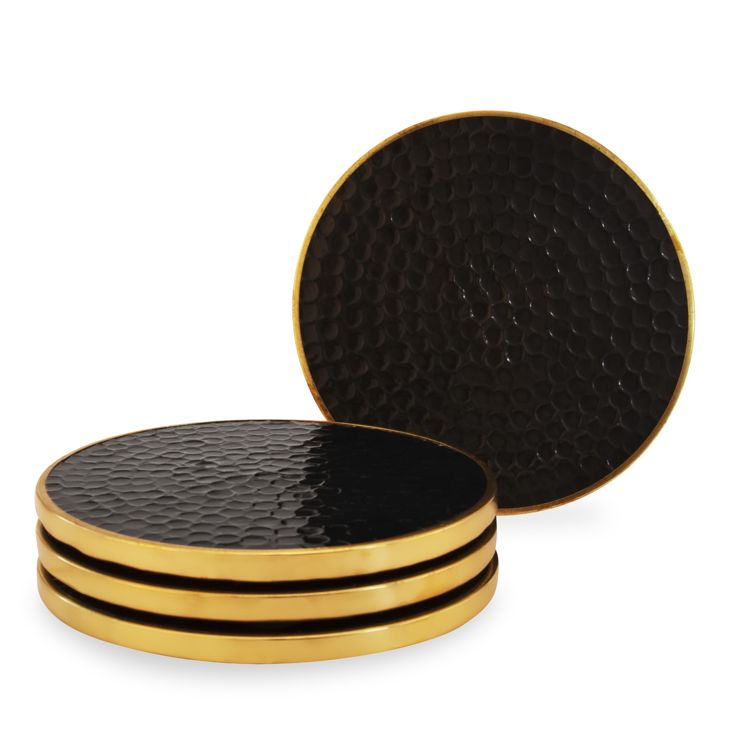 Set of 4 Coasters Hammered Black Effect for Table top Protection - Wood and Aluminum Coasters - Tea Coasters - Table Coasters - Drink Coasters - Housewarming Gift - Gold and Black Finish