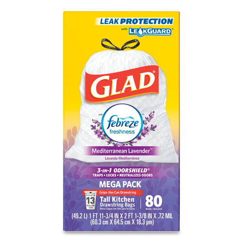 Clorox Glad OdorShield Tall Kitchen Drawstring Bags | 13 gal， 0.95 mil， 24