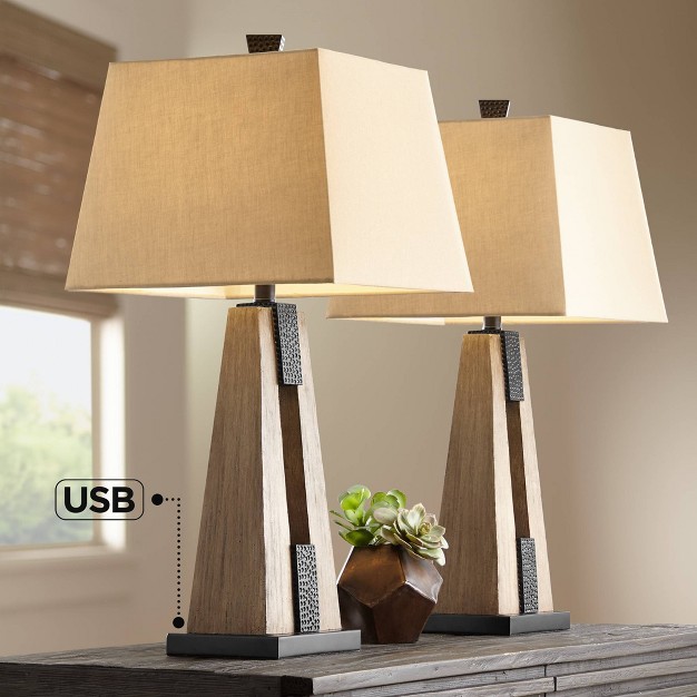 Tall Set Of 2 Wood With Usb Charging Port Oatmeal Tapered Rectangular Shade For Living Room