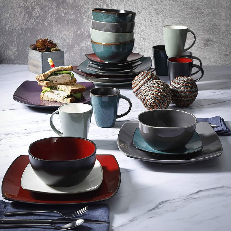 Gibson Soho Lounge 16 Piece Reactive Glaze Dinnerware Plates， Bowls， and Mugs， Red