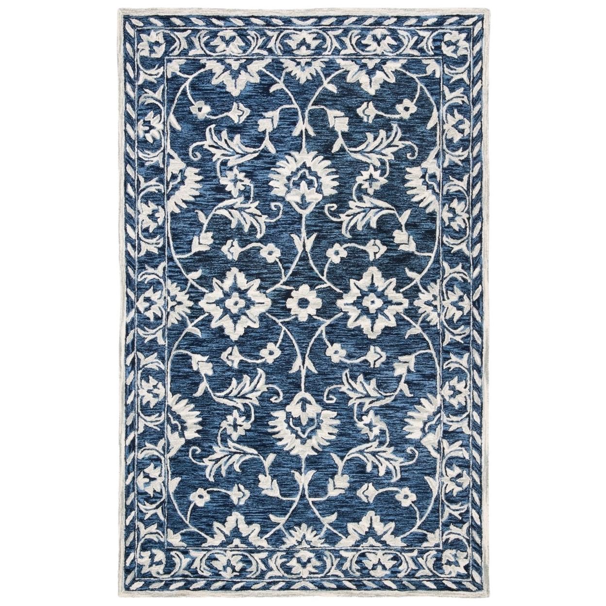 SAFAVIEH Micro-Loop Kevin Floral Area Rug， Navy/Taupe， 5and#8242; x 5and#8242; Square