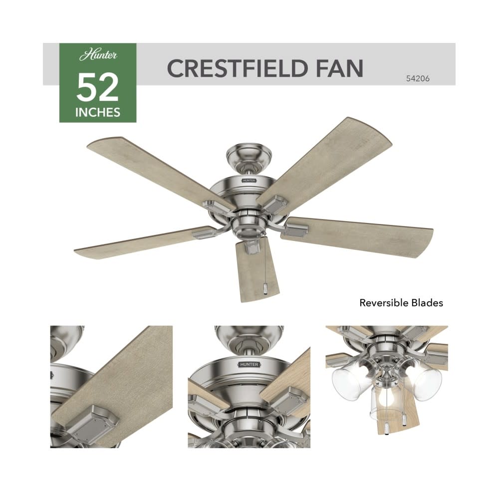 Hunter Crestfield Ceiling Fan 52 Nickel Bleached Grey Pine ;