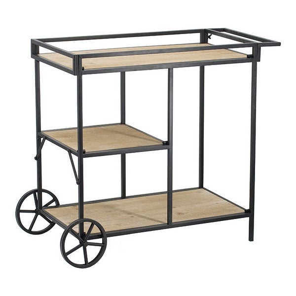 32 Inch Bar Cart， 3 Tiers， Fir Wood Shelves， Iron Frame， Black， Brown