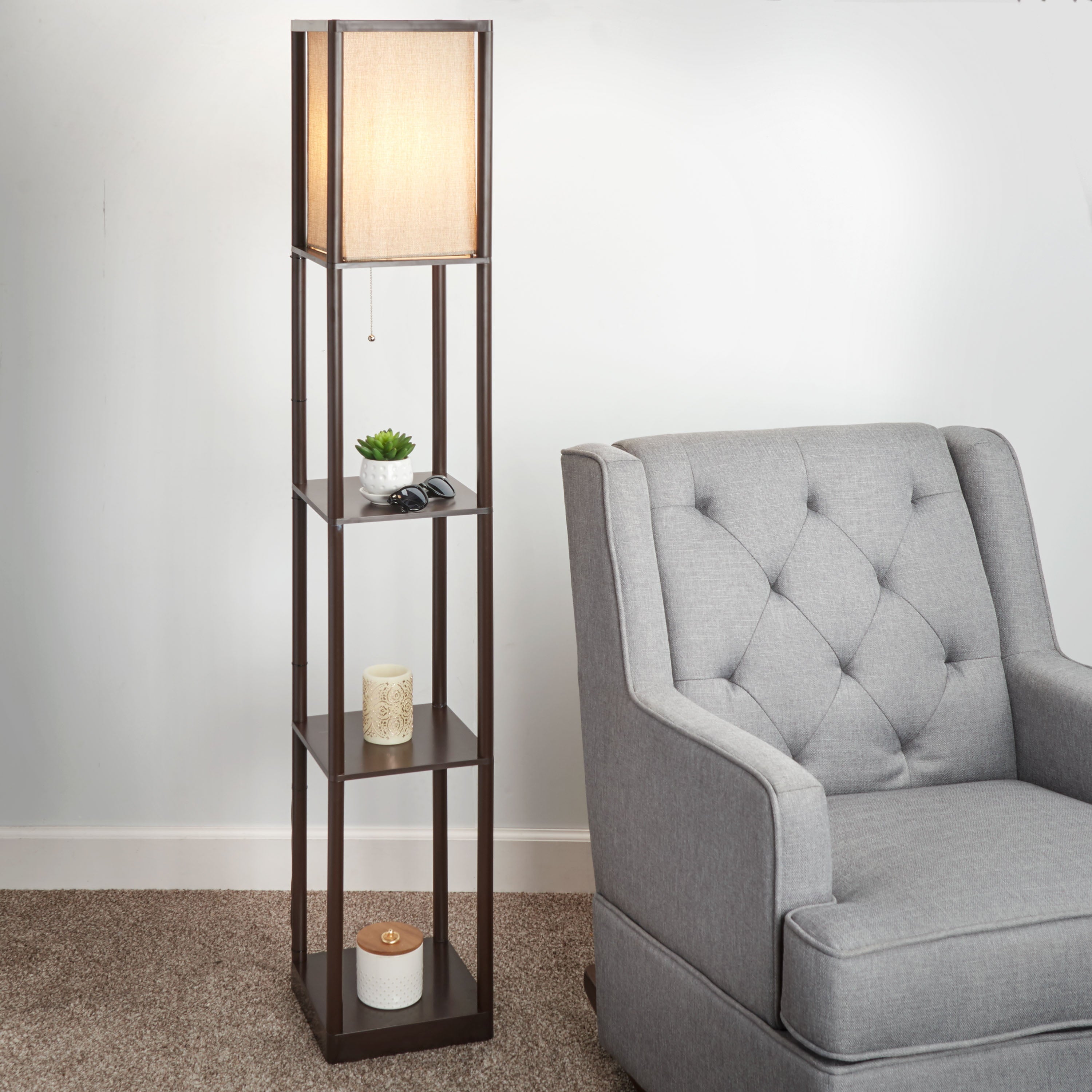 Mainstays 62 Inch Tall Shelf Floor Lamp, Brown with Beige Fabric Shade