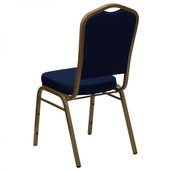 Flash Furniture HERCULES Series Crown Back Stacking Banquet Chair with Navy Blue Patterned Fabric and 2.5'' Thick Seat - Gold Frame