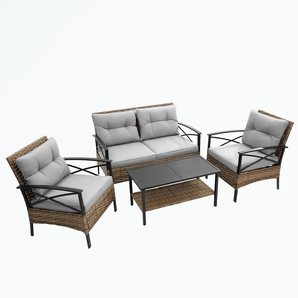 4 piece sectional rattan wicker corner sofa set with cushion - Overstock - 37503755