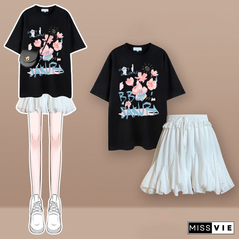 Tulip Cherry Blossom Print T-Shirt Pleated Skirt Two Pieces Set