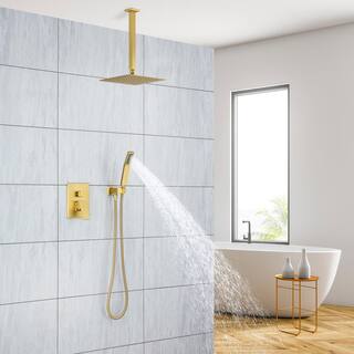 cadeninc 1-Spray Patterns 12 in. Ceiling Mount Dual Shower Heads with Hand Shower Faucet in Brushed Gold (Valve Included) MT-LQD9-02LSJ